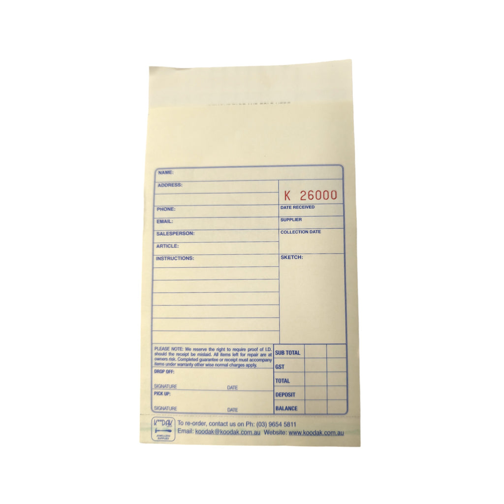 Workpiece Envelope Job Envelopes (Repair Packets) - 3 Part – Koodak Jeweller's Supplies